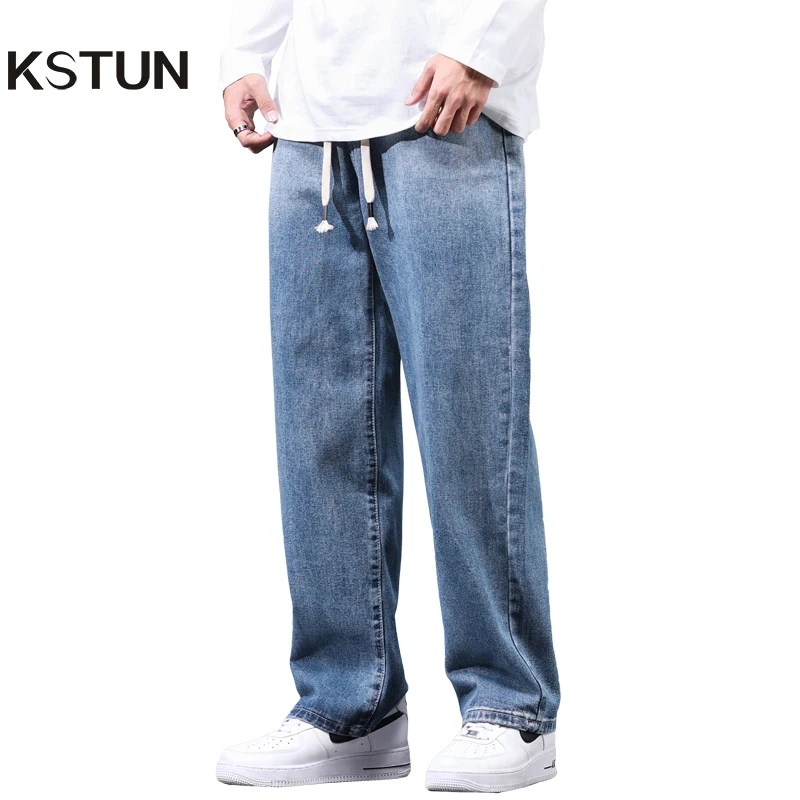

Men Baggy Pants Jeans Loose Fit Wide Leg Light Blue Gray Black Gradiet Variety Model Denim Pants Casual Elastic Waist Drawstring