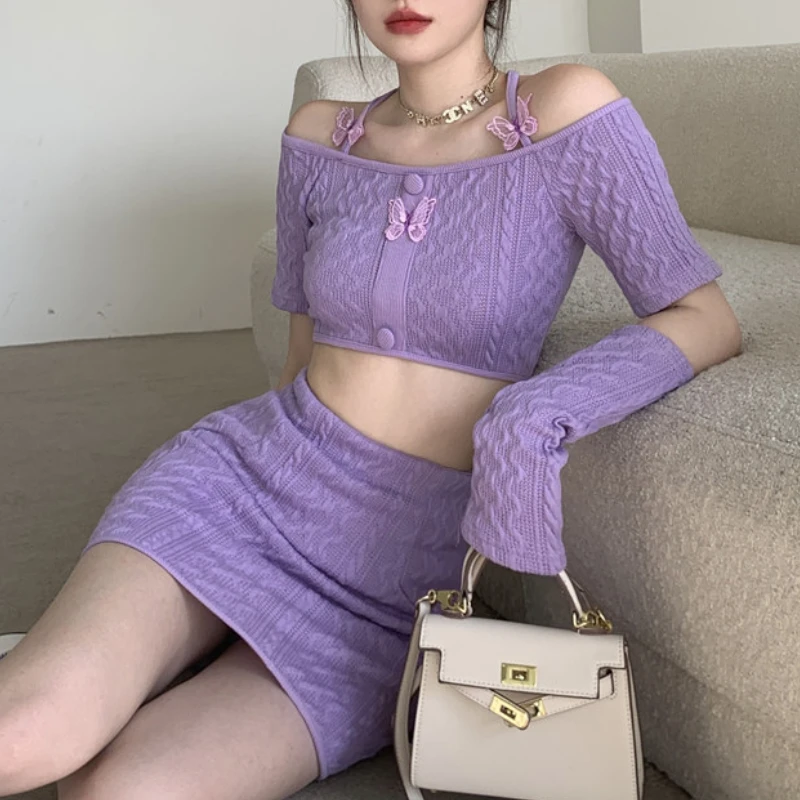 

Sexy Suit Women's Summer Style 2022 New Butterfly Halter Short With Sleeves Tops Bag Hip Skirt 2-piece Set