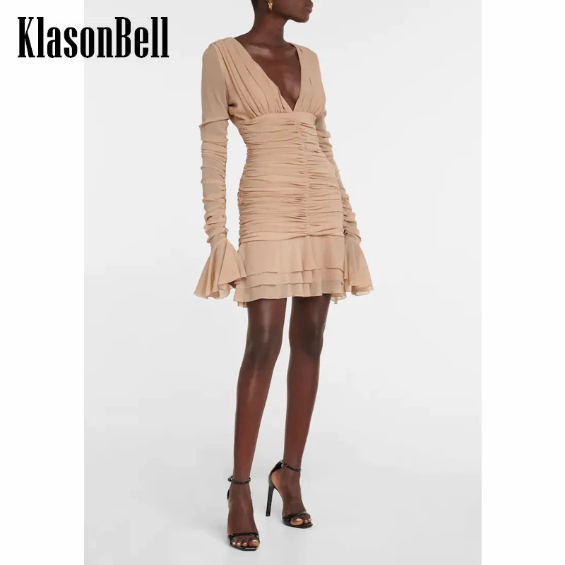 

8.23 KlasonBell Ruched Slim Sexy Deep V-Neck Flared Sleeve Ruffle Hem Dress Women