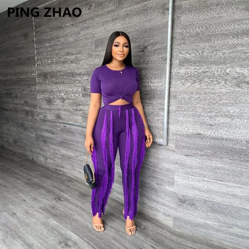

PING ZHAO 2022 New Purple Short Sleeve Tops and Tassel Pants Set Two Piece Set Fringe Trousers Summer Matching Set