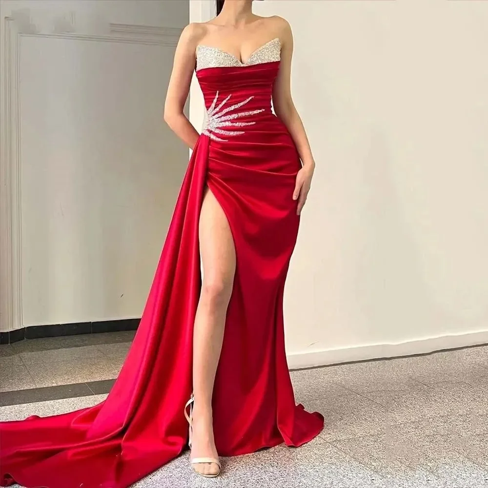 

2 STORE Red Arabic Mermaid Evening Party Gown Shiny Sequines Bodycon Prom Gowns Slit Wedding Pageant Dress HOT