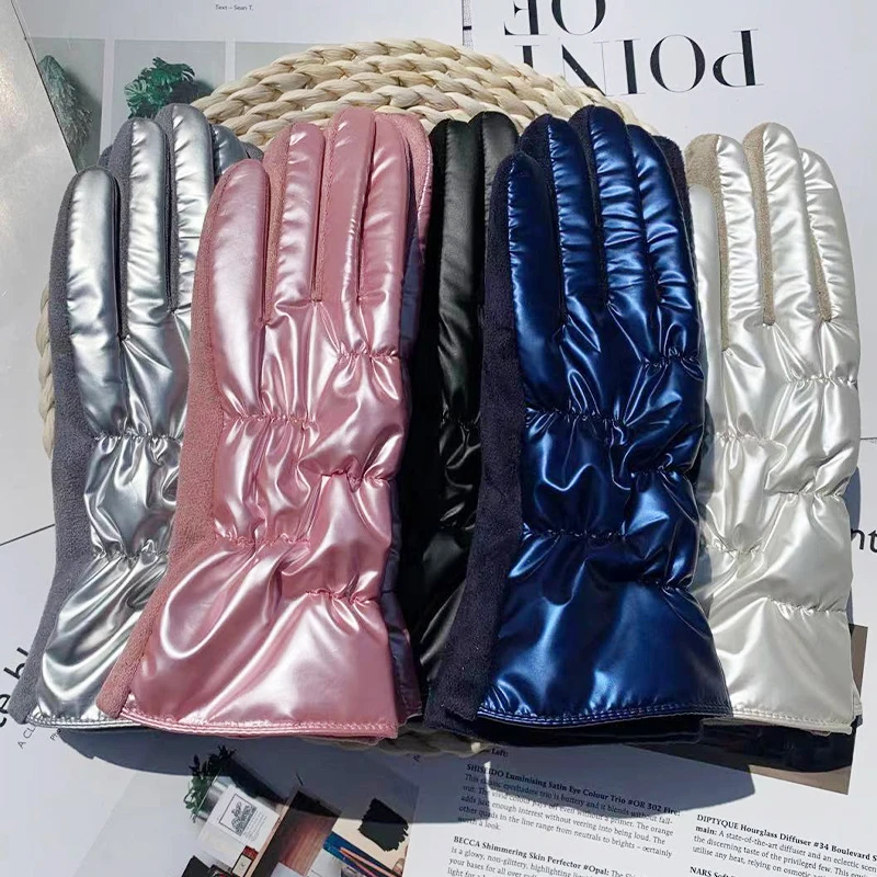 

Outdoor Winter Down Cotton Driving Cycling Gloves Touch Screen Glossy Windproof Gloves Thermal Fleece Lined Non-slip Gloves