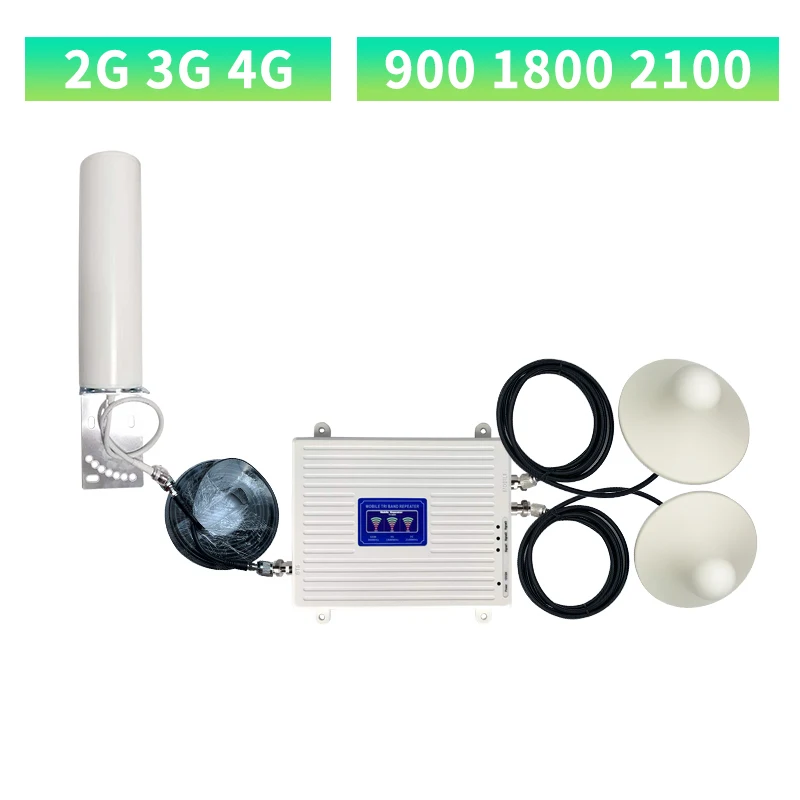 Cellular Amplifier Tri Band Repeater 900 1800 2100 GSM DCS WCDMA 2G 3G 4G Signal Booster Two Indoor Antennas |
