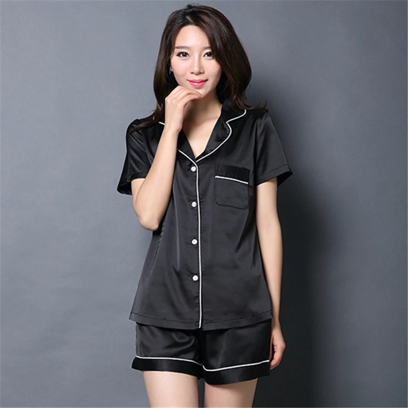 Clearance Women's Satin Pajamas Summer Silk Shorts Set Short Sleeve Button Shirt & Shorts Suit Satin Silk Sleepwear DropShipping