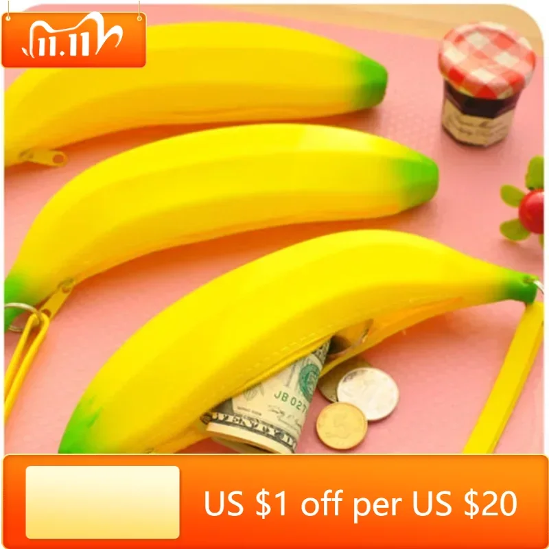 

Novelty Funny Silicone Portable Yellow Banana Coin Purses Multifunction Pencil Case Purse Bag Wallet Key Bag Pouch