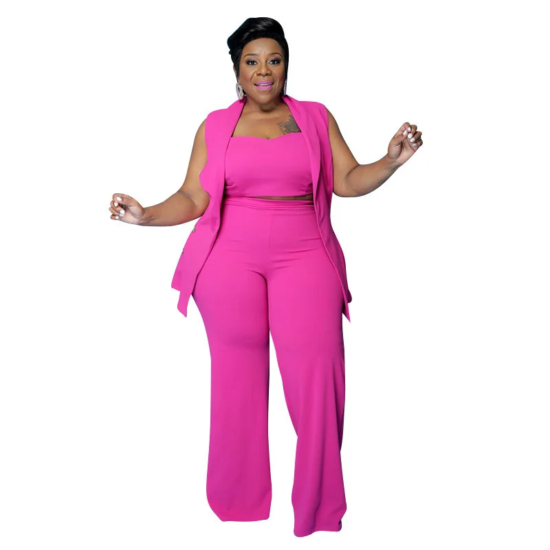 Plus Size Matching Sets Women's Suit  Fat Mm Solid Color Slim Size Women's Summer Three Piece Suit Chic Elegant Woman Pants Set