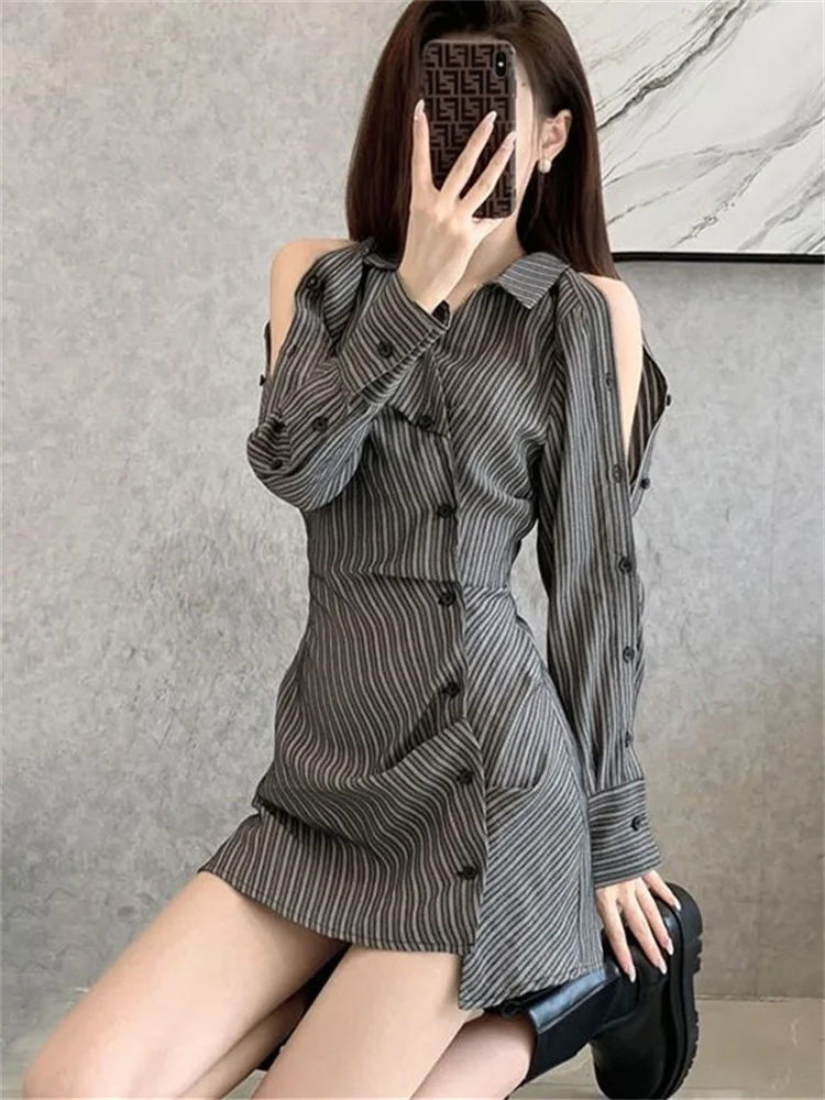 

2023 Women Spring Summer Off Shoulder Striped Mini Dress