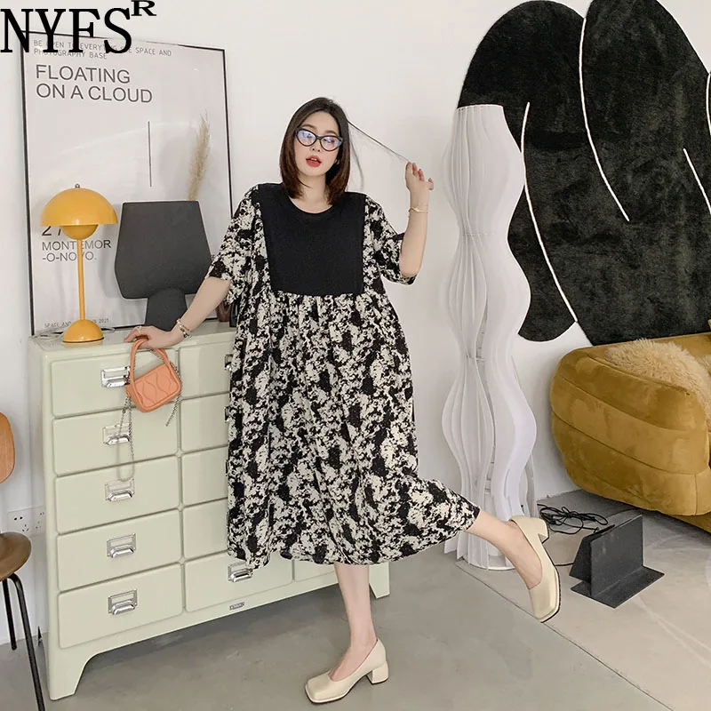 

NYFS 2022 Summer New Korea Woman Dress Vestidos Robe Elbise Loose Patchwork Ink Elegant Swing Short Sleeve Long Dresses