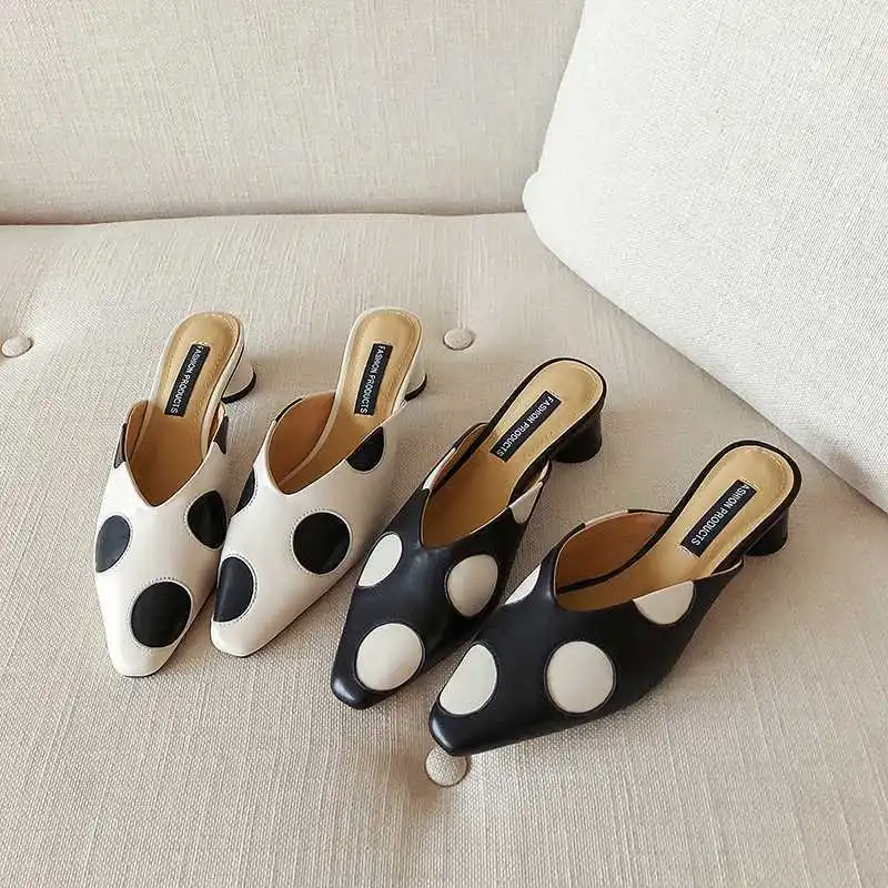 

maogu Woman Summer Casual Pointed Toe Slippers Female Low Heel Polka Dot Sandals Shoes Women's Elegant Mules Zapatos de mujer 40