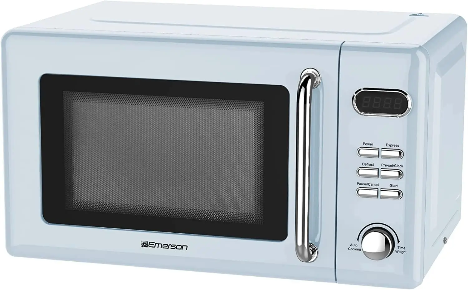

Cu Ft Retro Digital Microwave Oven, 700W with 5 Micro Power Levels, 8 Pre-Programmed Settings, Express & Defrost, Chrome Han