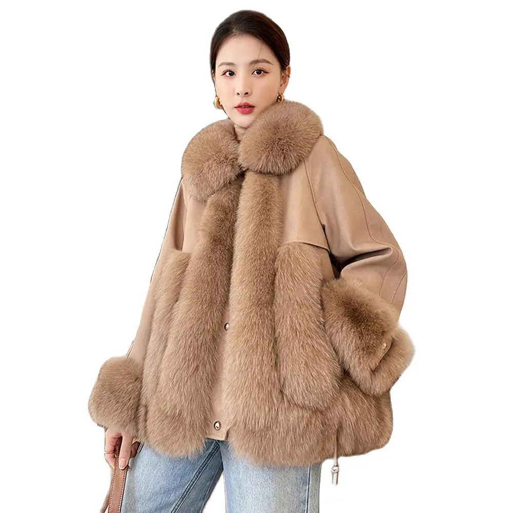 Women Real Fur Coat Autumn Winter Casual Thicken Fox Fur Collar Patchwork Sheepskin Down Cotton Liner Fur Jacket Loose Outerwear