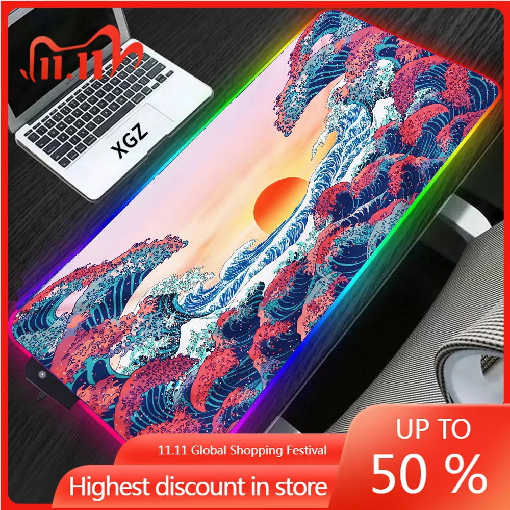 

XGZ Japanese Art Wave Sunrise RGB Anime Mouse Pad Locking Edge for Large CSGO PC Gamer LED Desktop Gaming Accessories Desk Mats