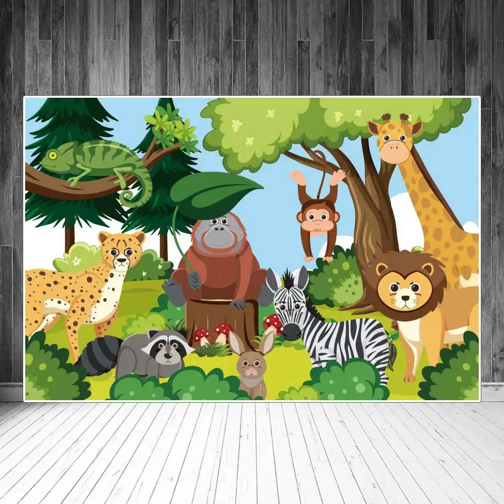 

Jungle Safari Party Backdrops Photography Birthday Decoration Animals Zebra Lion Giraffe Custom Baby Photocall Photo Backgrounds