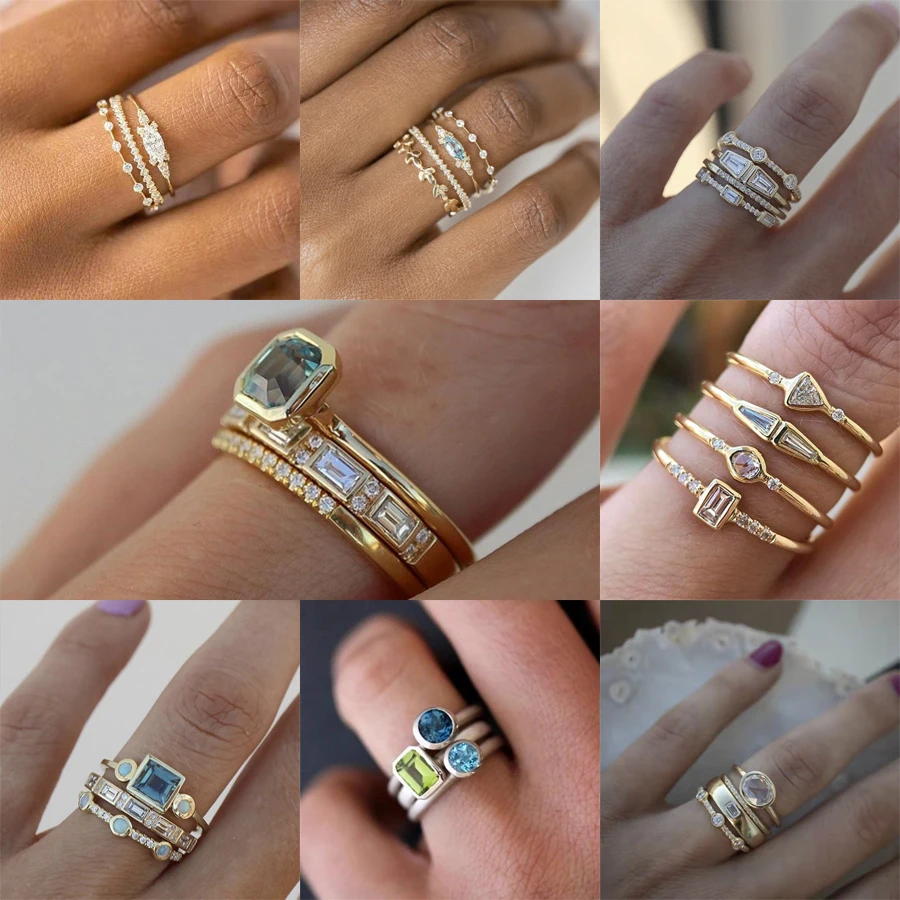 

4pcs/Set Boho Luxury Blue Crystal Rings for Women Fashion Yellow Gold Color Wedding Jewelry Accessories Gifts Women Promise Ring