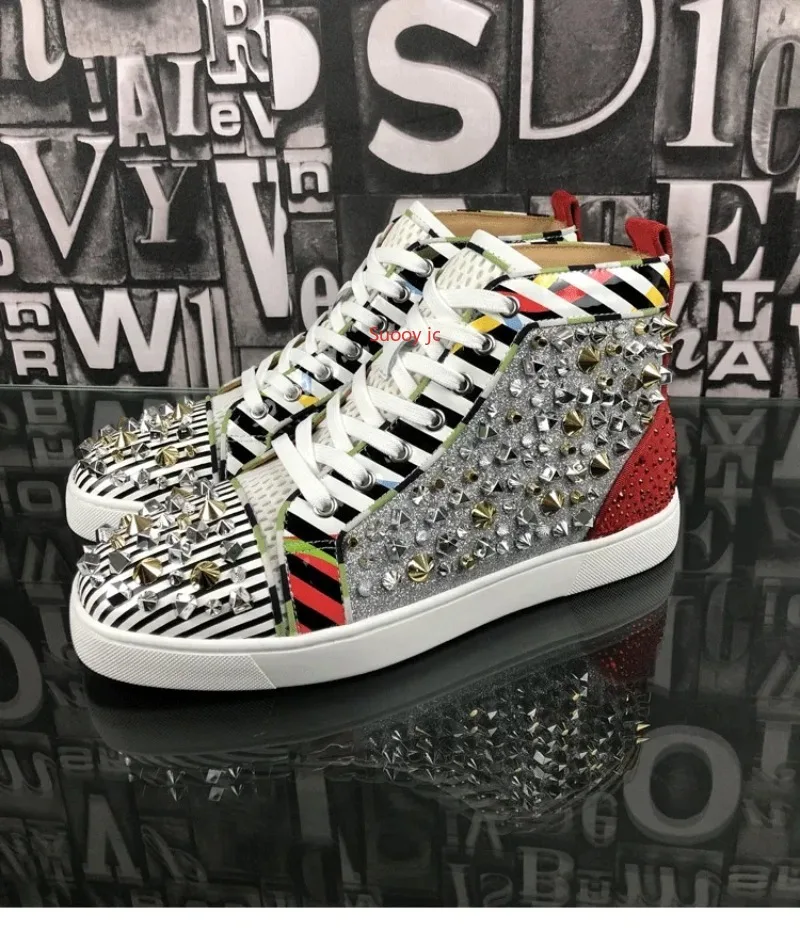 

Luxury Leather Red Sole Men's Shoes Rhinestone Rivets High Top Women's Shoes Sneakers
