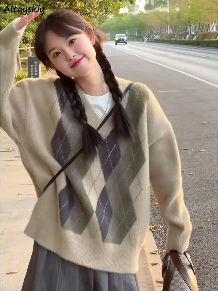 

Женский Повседневный трикотажный свитер с V-образным вырезом и длинным рукавом