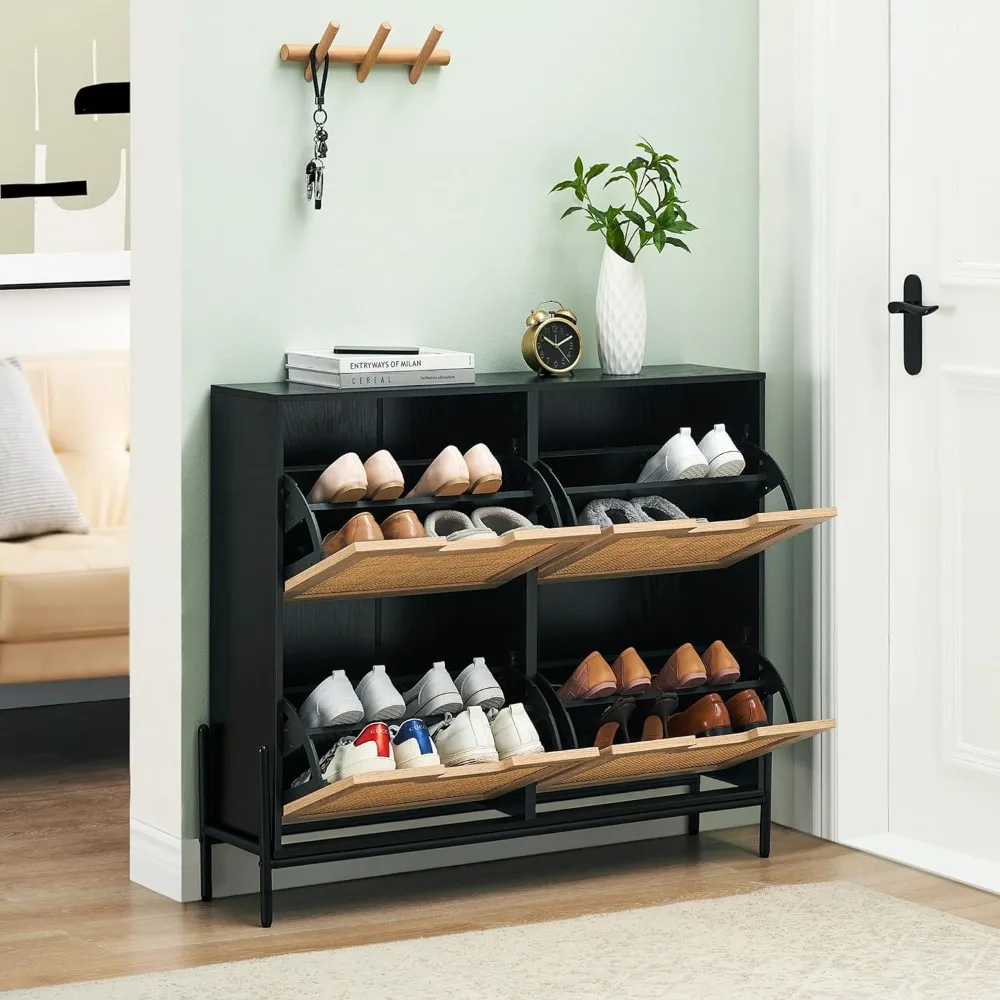 

Natural Rattan 4 Flip Door Rack Locker, Shoe Cabinet Organizer Freestanding With 3 Layers Of Adjustable Shees
