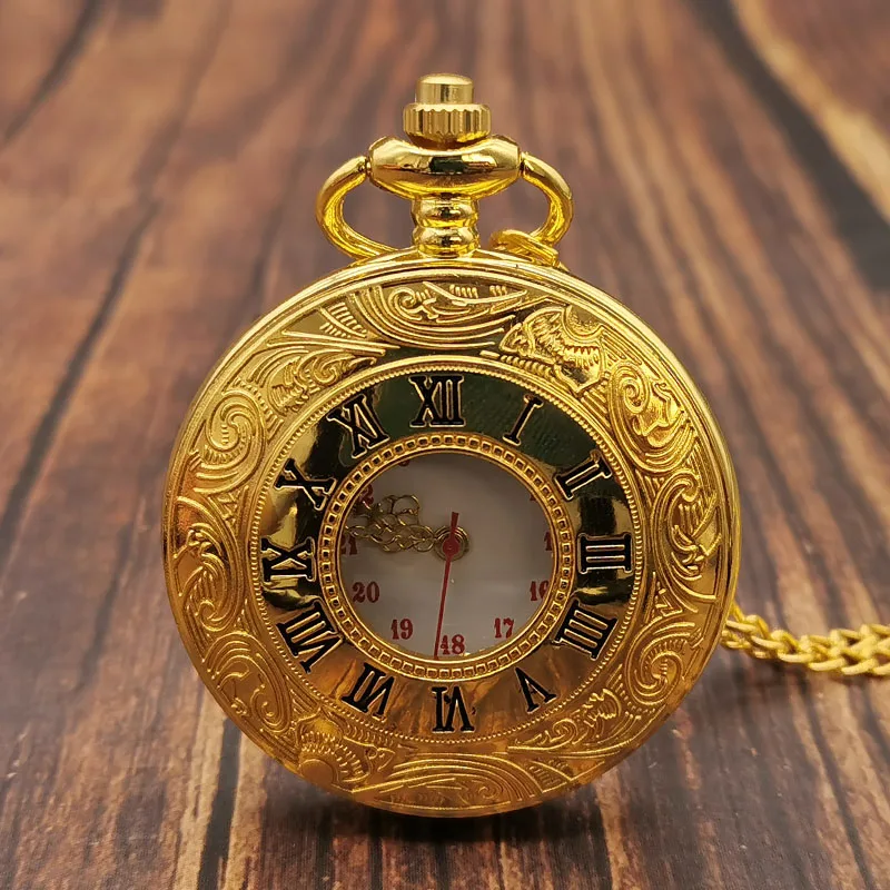 

Luxury Gold Roman Numerals Quartz Pocket Watch Chain Men Women Hollow Case Vintage Pendant Necklace Best Gifts for Men Women