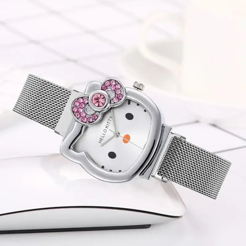 Hello Kitty Diamond Watch Cat Bow Kawaii Pink Ladies Gold Sliver Metal Jewelry Cartoon Magnetic Girlfriend Birthday