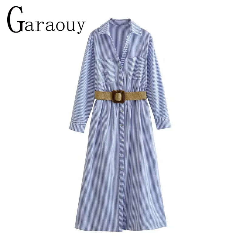 

Летние женские платья с поясом Garaouy 2023, модное однобортное Полосатое платье-рубашка средней длины, женские винтажные платья, халат, женское платье
