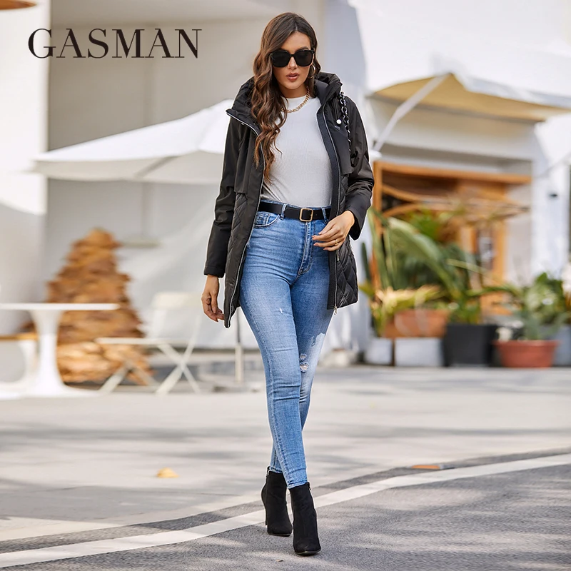 GASMAN New women's jacket spring 2022 High-Quality Mid-Length  Women coat Stitching Hooded Design Windproof Casual parkas 8226