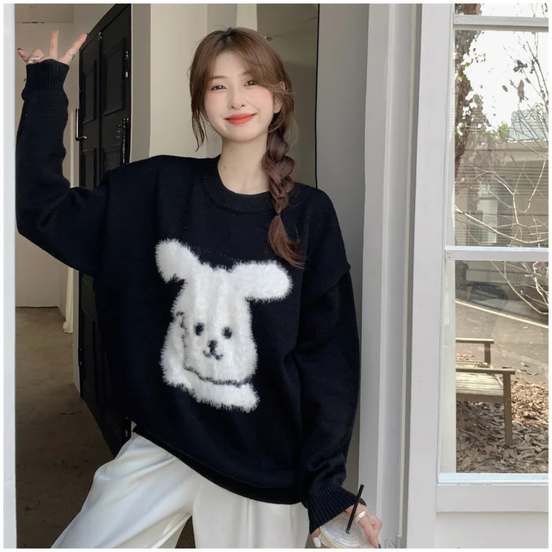 

Женский черный свитер с круглым вырезом, модный винтажный Свободный теплый вязаный пуловер с мультяшным принтом для отдыха и отдыха на осен...