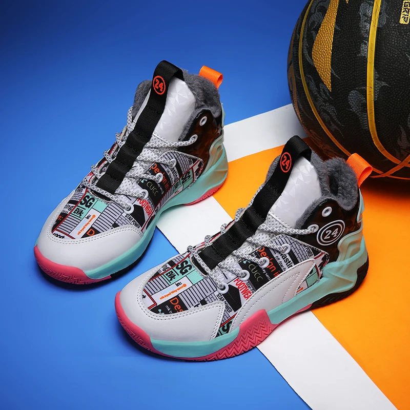 2022 Winter Plush New Children's Basketball Shoes Fashionable Comfortable Breathable Boys and Girls' Casual Sports Shoes