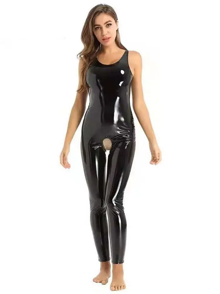 

Sleeveless Wet Look PVC Catsuit Shiny PU Leather Crotchless Open Crotch Bodysuit Tights Sexy Jumpsuit Cosplay Clubwear Conjoined