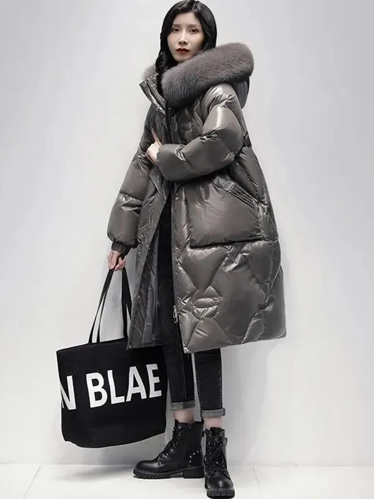 

2023 Women Down Jackets For Women Winter Long Big Fur Collar Куртка Large Size 2XL Down Jackets Loose Long Knee Padded Down