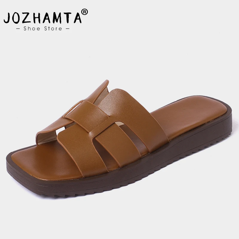 

JOZHAMTA Size 34-40 Flats Slippers For Women Real Leather Low Heels Summer Shoes Woman 2023 Rome Slides Casual Platform Sandals