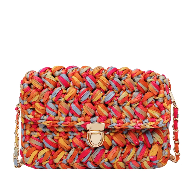 Fashion Cotton Woven Crossbody Bags for Women 2021 Crochet Hand-woven Messenger Bag   Chains Lock  Shoulder Bag Females