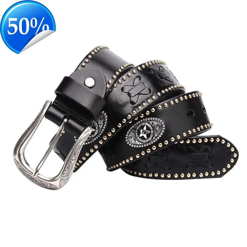 3.8CM New Cowboy Belt High Quality Genuine Leather Braided Men Rivets Cowhide Celt Knight Personality Male Punk Belts