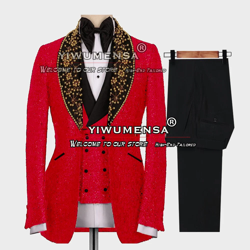 For Wedding Sparkly Gold Pearls Blazer Formal Prom Party Elegant Dress Groom Man Tuxedo 3 Pieces Set