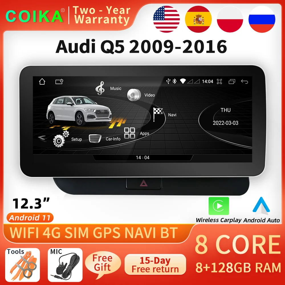 Автомобильный мультимедийный плеер COIKA 12 3 дюйма 1920*720P 8 ядер для Audi Q5 2009-2016 BT Carplay
