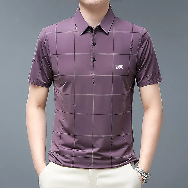 Golf men's summer ice polo shirt casual business short sleeved T-shirt plaid pattern sports men's clothing