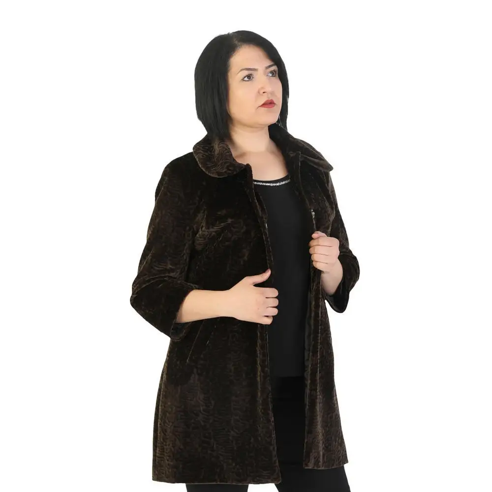 Ftrbka women large size coat Trbn3002 baby collar button closure lining pocket Astragan fur short coat brown