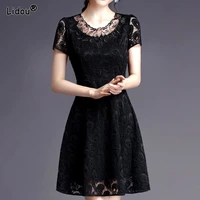 skinny premium black o neck lace short sleeved a line skirt solid color floral embroidery empire summer dress womens clothing
