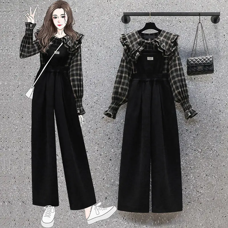 

(M-4XL) Women's Preppy Style Spring Autumn Casual 2 Piece Pants Set Lady Korean Student Plaid Shirts Black Overalls Outfits 2022
