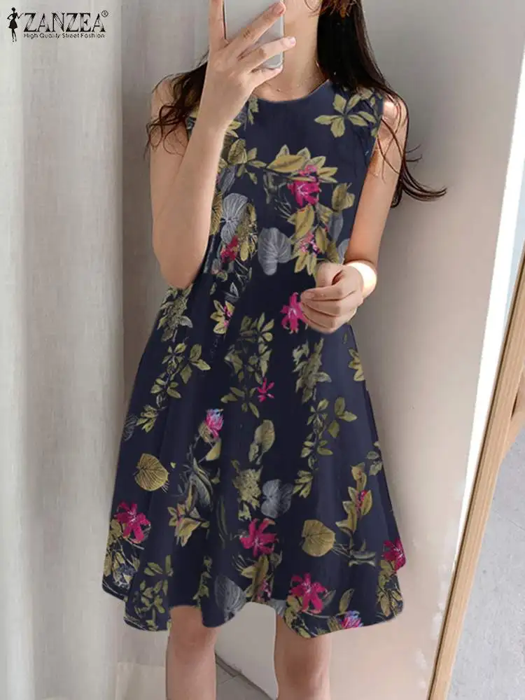 

Платье ZANZEA женское с принтом, винтажный Модный Повседневный сарафан без рукавов с круглым вырезом, Пляжное праздвечерние чное вечернее, лет...