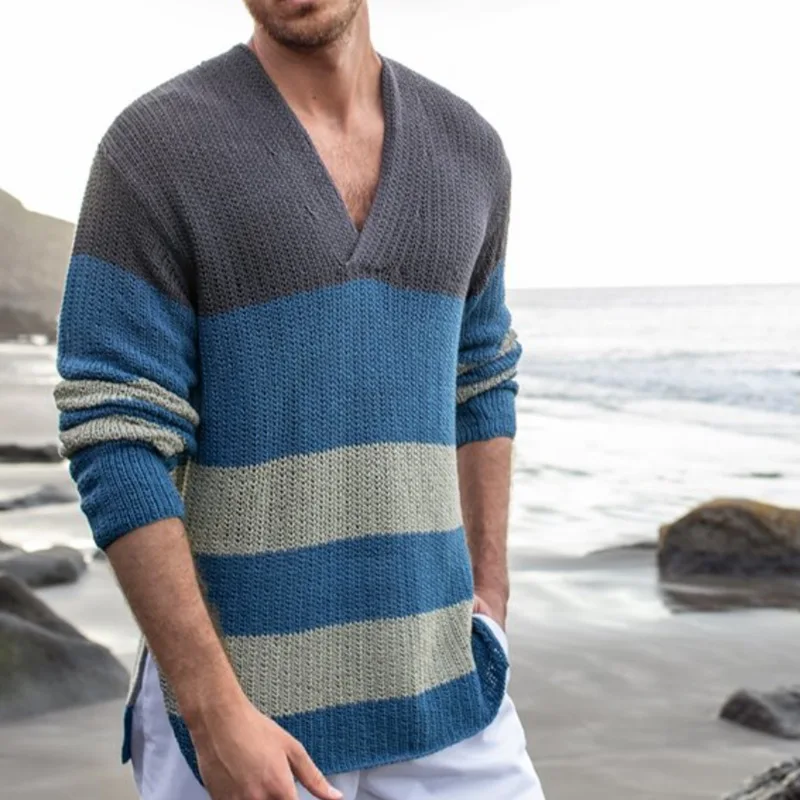 

Vintage Striped Printed Sweaters Men Deep V Neck Pullover Jumper Autumn Winter Long Sleeve Knitting Tops Casual Solid Sweater