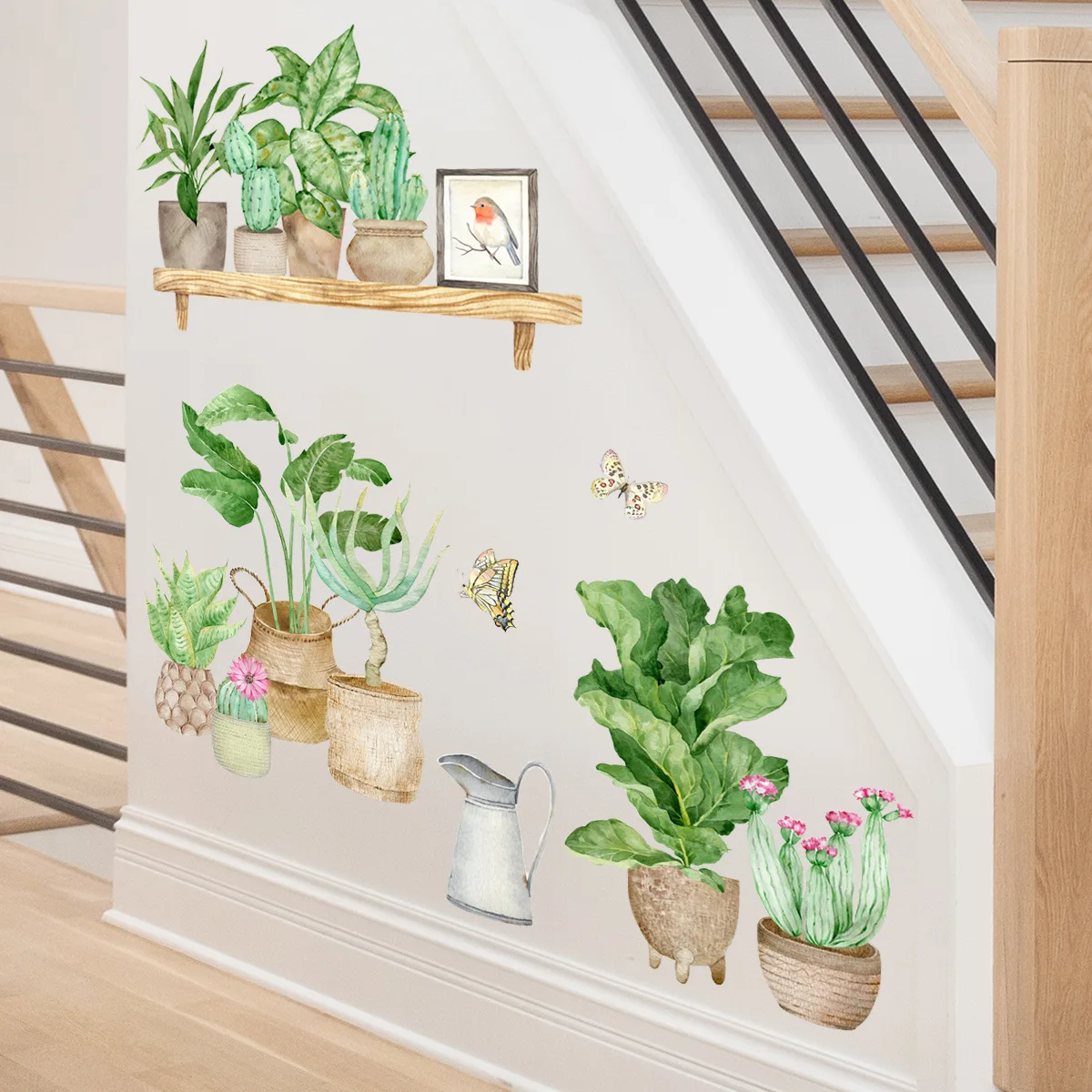 Зеленые горшечные растения и бабочки настенные наклейки для детской комнаты