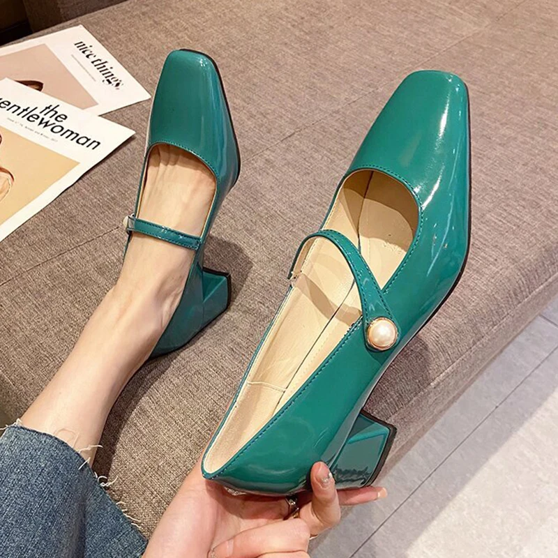 

Rimocy Patent Leather Square Heels Pumps Women Pearl Square Toe Med Heel Office Shoes Woman Elegant Slip on Mary Janes Ladies