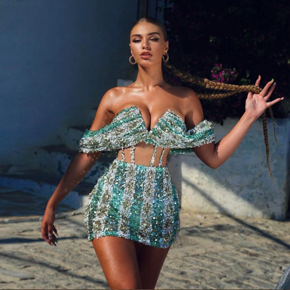

Crop Top Sexy Cocktail Dress Off The Shoulder Strapless Homecoming Dresses Women's Sequin Mini Party Gown for 2022 Short