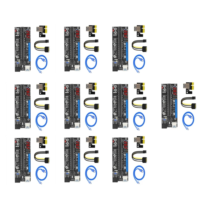 

10 Set PCIE Riser PCI-E 16X Riser VER15X Riser Card 6Pin Power 14LED Lights Temperature Display For Bitcoin Mining