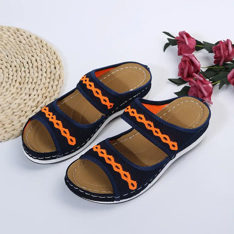 2023 Summer Slope Heel Embroidered Sandals Women's Casual Lightweight Breathable Sandals Wear Double Row Sandals Outside