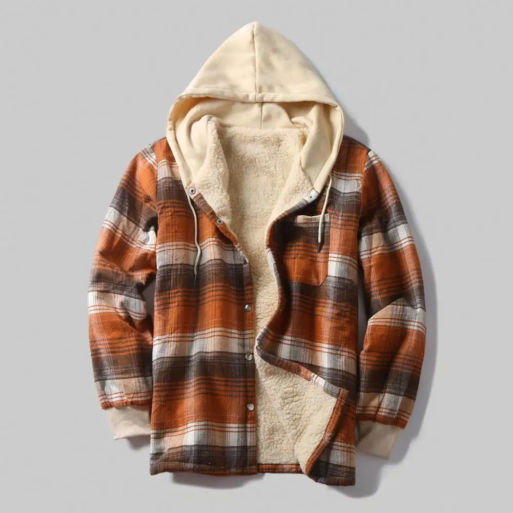 

Мужское пальто с накладным карманом, плюшевая зимняя куртка с капюшоном для мужчин, стильная теплая Свободная куртка в клетку с принтом и накладными карманами на завязках, с капюшоном
