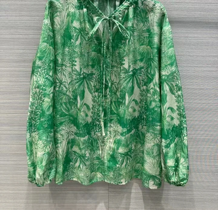 

Новинка 2023, модная Высококачественная классическая шелковая хлопковая рубашка с кокосовым узором зеленого цвета, элегантная французская рубашка everythin, Осень-зима