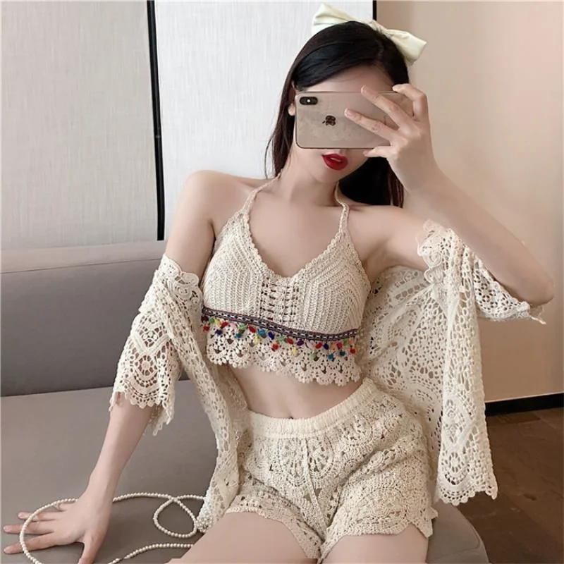 

Белое трикотажное богемное милое Привлекательное Женское нижнее белье с вышивкой, бежевый ажурный кружевной бюстгальтер, пляжные короткие топы с лямкой на шее