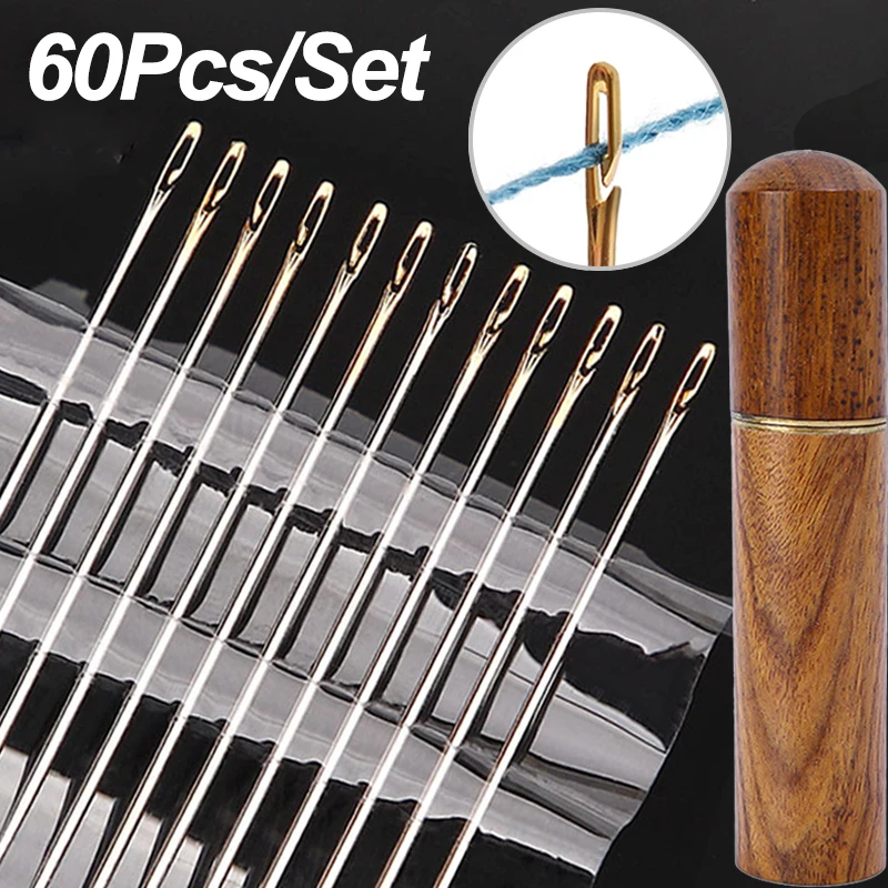 

60Pcs Blind Self Threading Needles Elderly Side Hole Punch Needles DIY Stainless Steel Embroidery Apparel Sewing Stitching Pins