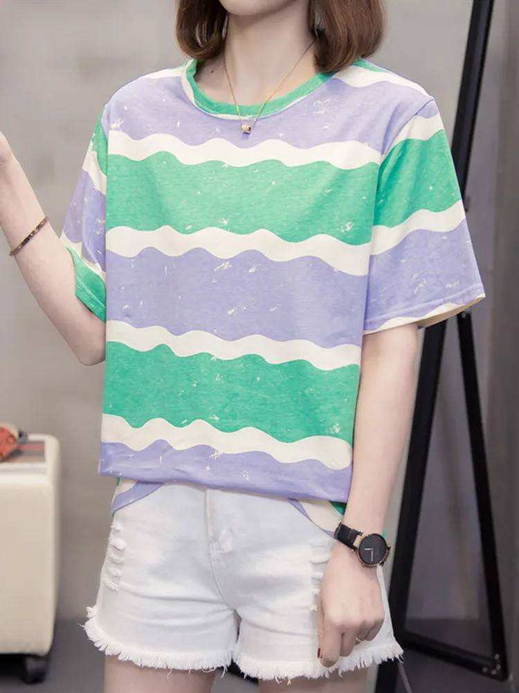 

Oversize Cotton Loose T-shirts Women 2022 Summer New Fashion Wave Stripe Short Sleeve Large Basic Tshirt Korean Style Tops L-4XL